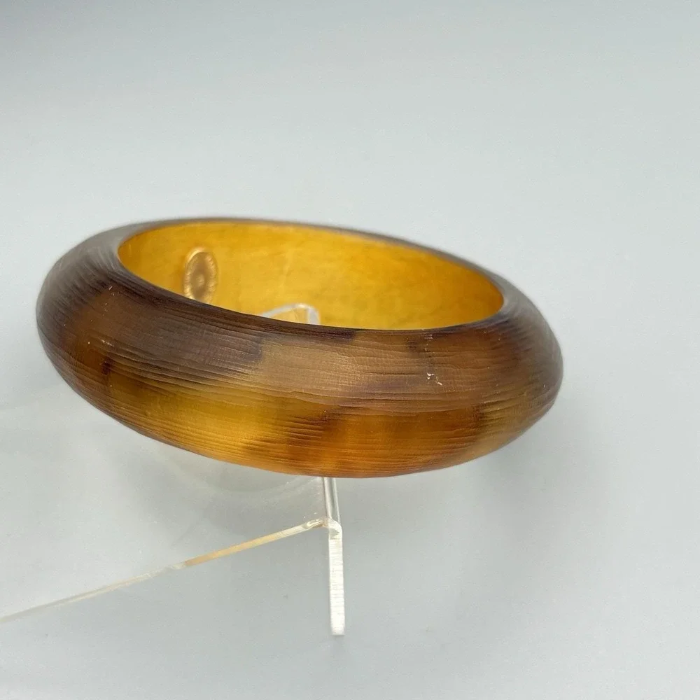 Alexis Bittar Gold Animal Print Lucite Bracelet Signed Statement 2.5